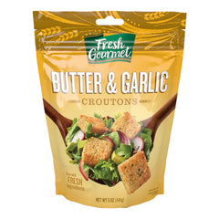 Fresh Gourmet Butter & Garlic Croutons bag front showing packaging and brand name
