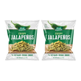 Fresh Gourmet crispy jalapeños two-pack bag closeup with reseal for lasting crunch.