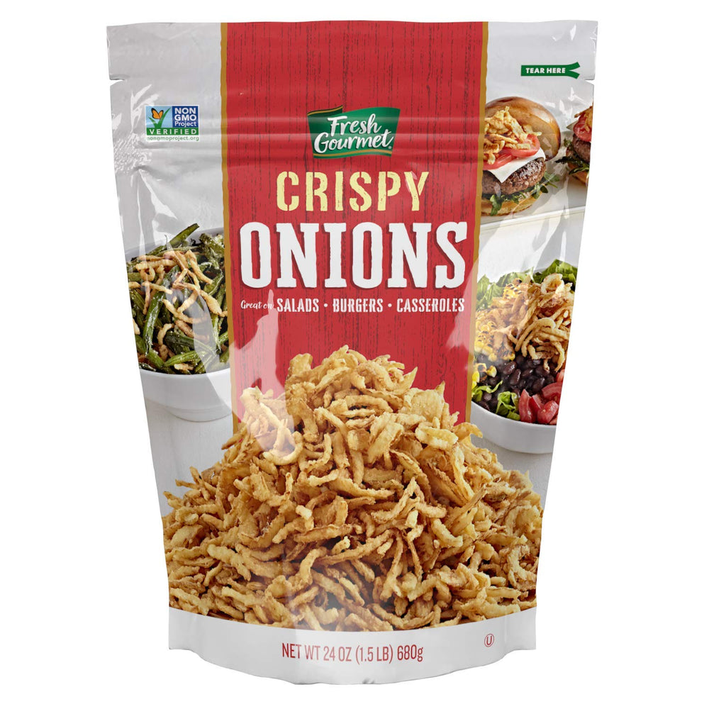 Fresh Gourmet Crispy Onions bag close-up for crisp texture and topping