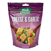 Fresh Gourmet cheese garlic croutons in a bag boost salad crunch and flavor.
