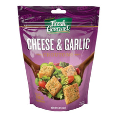 Fresh Gourmet cheese garlic croutons in a bag boost salad crunch and flavor.