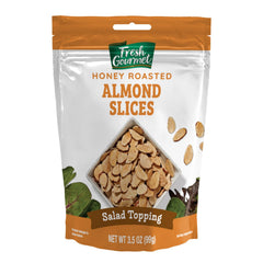 Fresh Gourmet honey roasted sliced almonds in a resealable bag ideal salad topping.