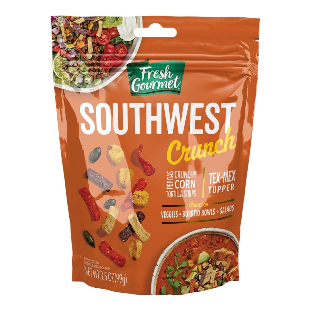 Fresh Gourmet Savory Southwest Crunch bottle pour shows easy Tex Mex topping for flavor and crunch