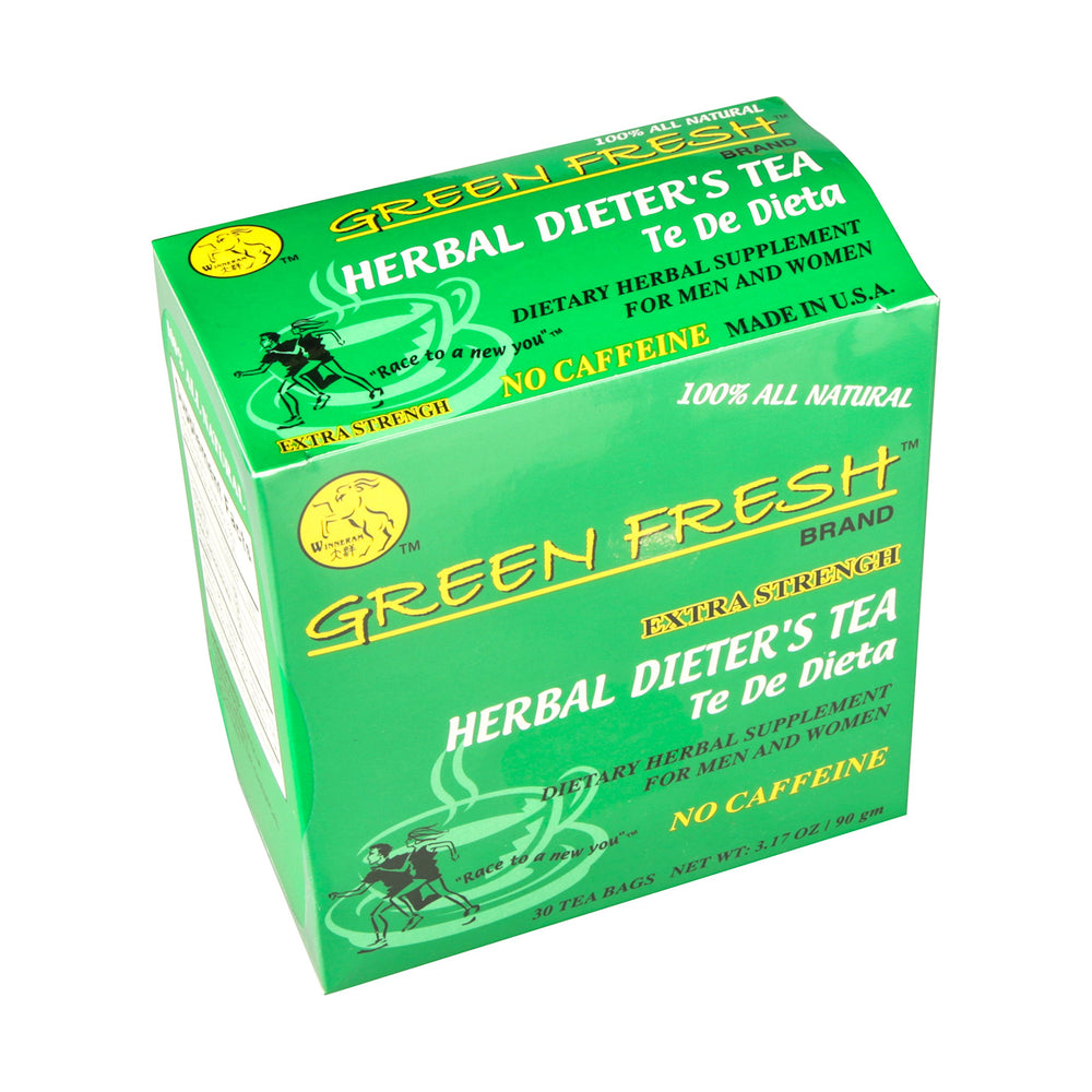 Fresh Green Company Green Fresh Extra Strength Herbal Dieters Tea box with steaming cup for caffeine-free comfort.