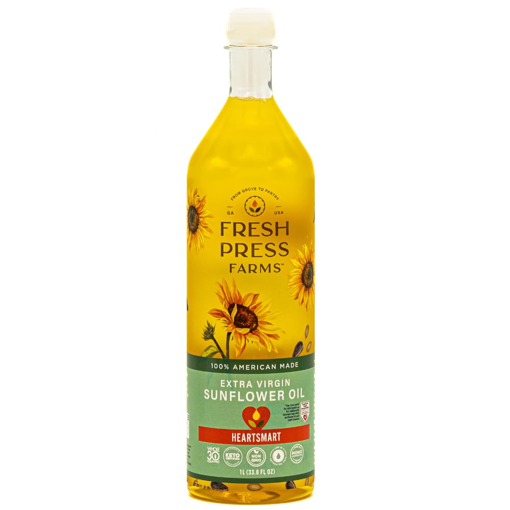 Fresh Press Farms sunflower oil bottle close-up showing rich, heart-healthy flavor