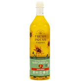 Fresh Press Farms sunflower oil bottle close-up showing rich, heart-healthy flavor