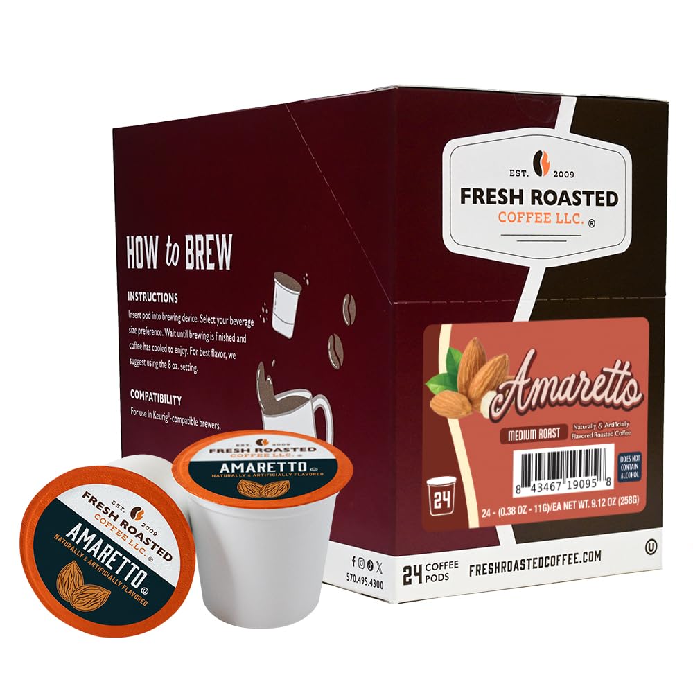 Fresh Roasted Coffee Amaretto pod pour for quick, alcohol-free flavor.