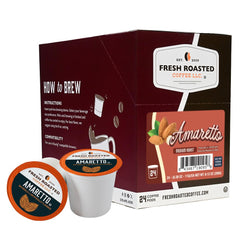 Fresh Roasted Coffee Amaretto pod pour for quick, alcohol-free flavor.