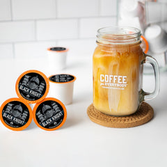 Fresh Roasted Coffee Black Knight pods compatible with K-Cup brewers for easy brewing.