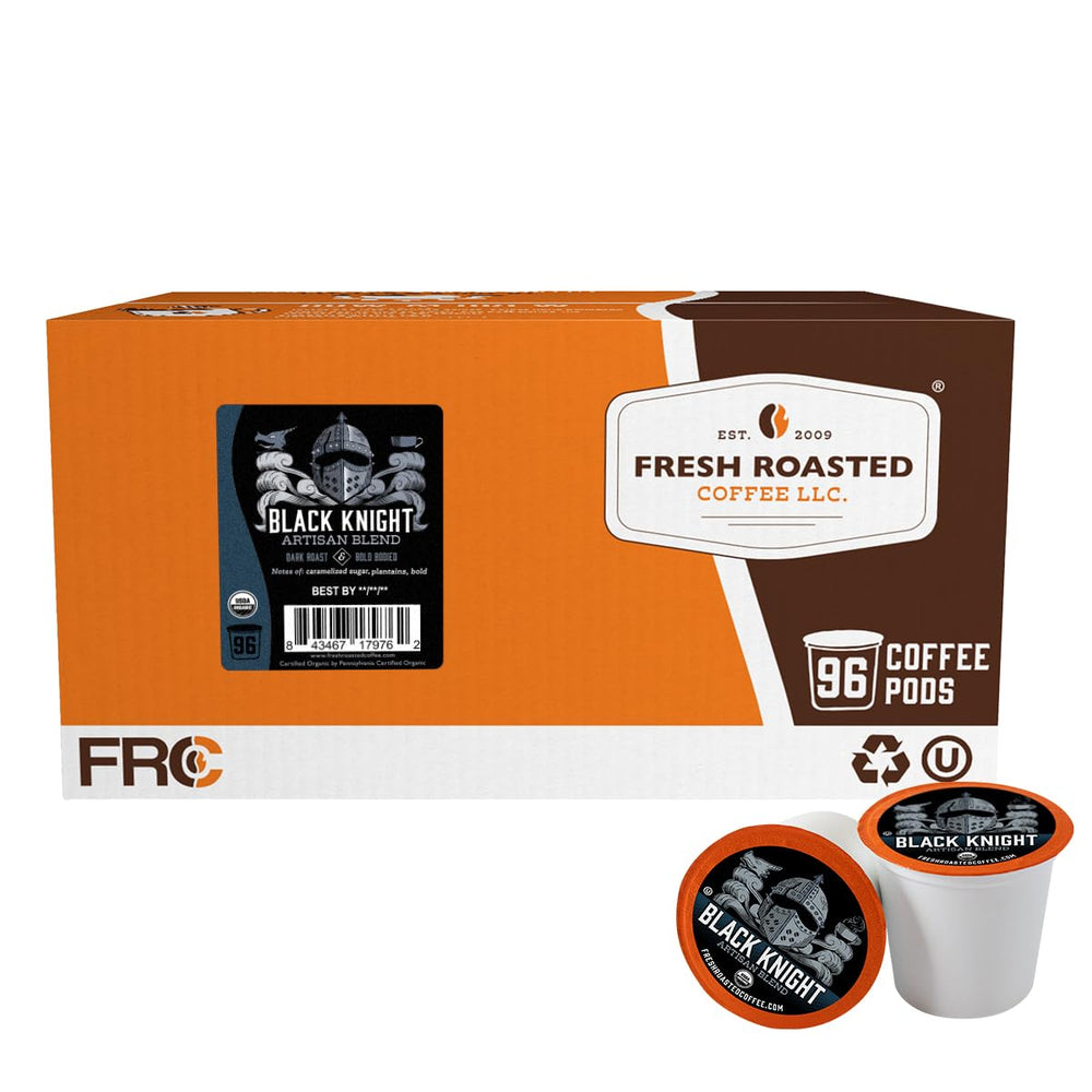 Fresh Roasted Coffee Organic Black Knight pods packaging for convenient single-serve use.