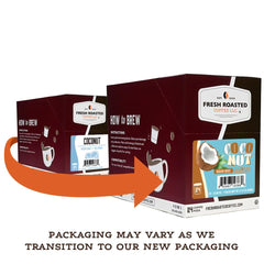 A steaming cup of coconut-flavored coffee highlights tropical aroma.