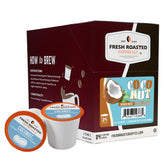 Fresh Roasted Coffee Coconut Pods packaging highlights convenience and tropical aroma.