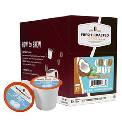 Fresh Roasted Coffee Coconut Pods packaging highlights convenience and tropical aroma.