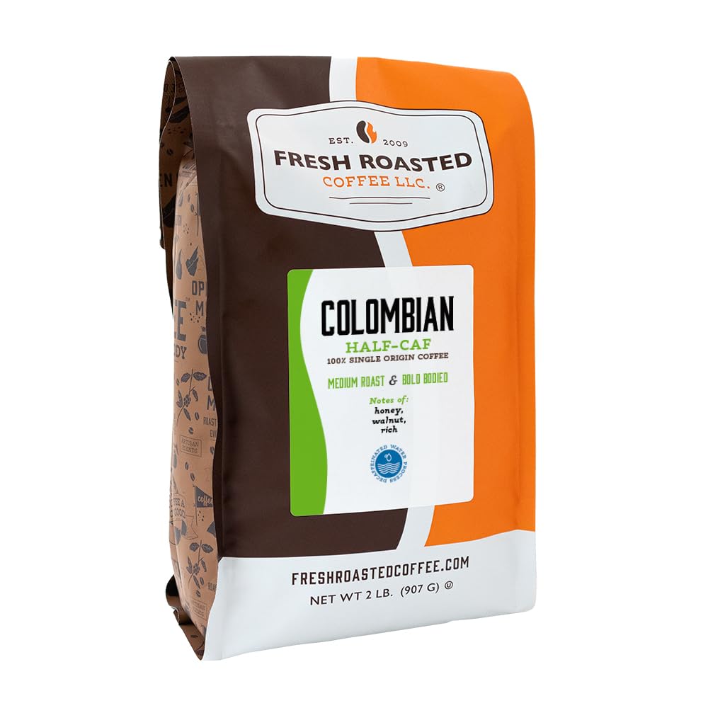 Fresh Roasted Coffee Colombian Water Half-Caf bag showing freshness seal for long storage