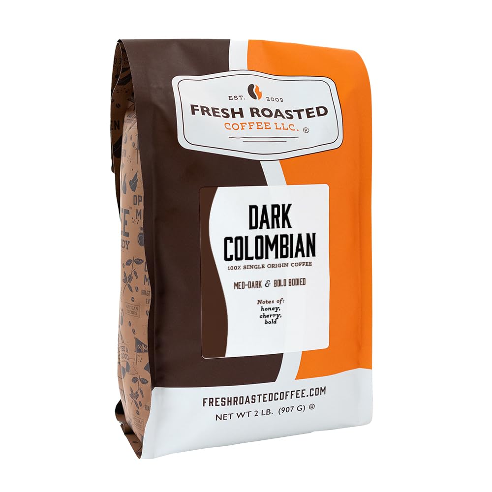 Fresh Roasted Coffee dark Colombian whole bean 2 lb bag ideal for grinding.