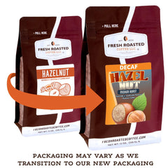 Fresh Roasted Coffee decaf hazelnut ground beans ready to grind for flavor-rich mornings.