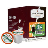 Fresh Roasted Coffee decaf Irish Cream pod packaging highlights premium flavor and sustainability.