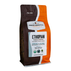 Fresh Roasted Coffee Ethiopian Yirgacheffe bag with organic certification for display