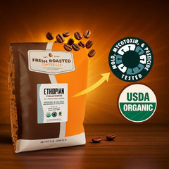 Fresh Roasted Coffee Ethiopian Yirgacheffe brew shown with golden pour and citrus notes