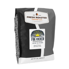Fresh Roasted Coffee Fog Kicker bag, whole beans ready for home grinding.