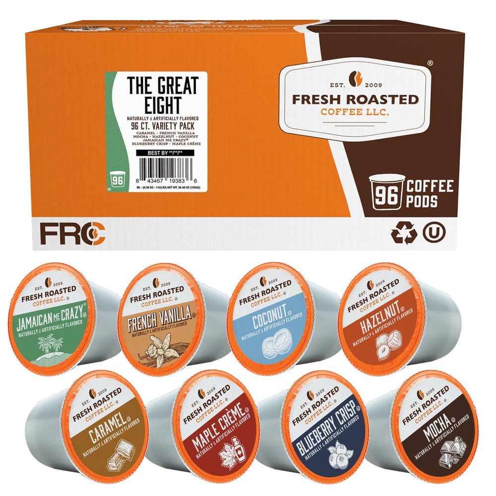 Fresh Roasted Coffee Great Eight box showing eight flavored pod varieties for easy selection