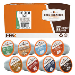 Fresh Roasted Coffee Great Eight box showing eight flavored pod varieties for easy selection