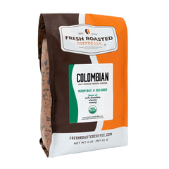 Fresh Roasted Coffee Organic Colombian whole bean bag ready for grinding and brewing.