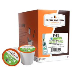 Fresh Roasted Coffee Peru Half Caf bag with organic and fair trade labels for a clean, ethical cup.