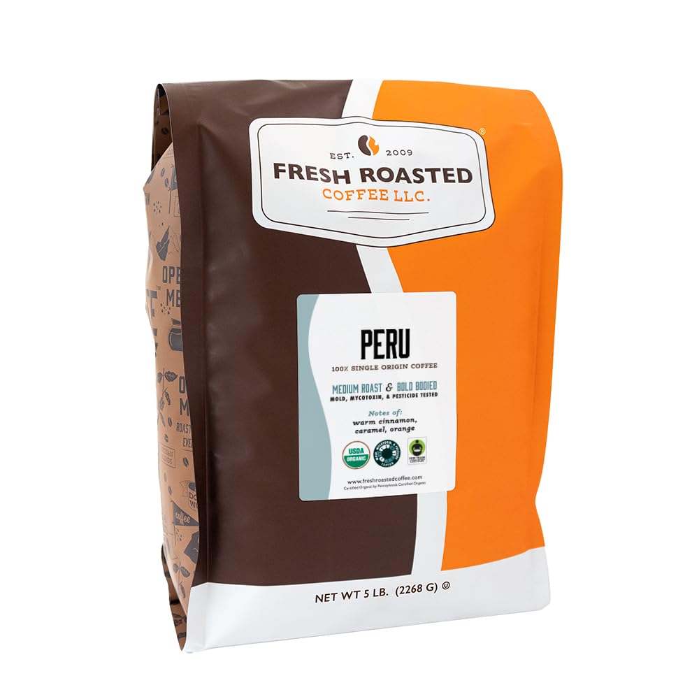 Fresh Roasted Coffee Peru whole beans bag highlighting organic origin for home brewing.