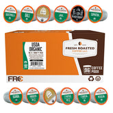 Fresh Roasted Coffee variety pack 96 pods on a kitchen counter, ready to brew.