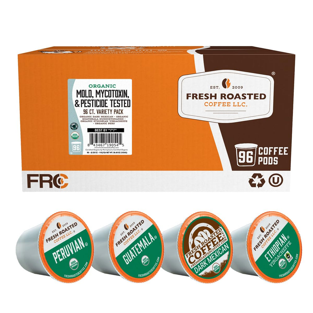 Fresh Roasted Coffee variety pack front view with four organic pods for quick, flavorful brews.