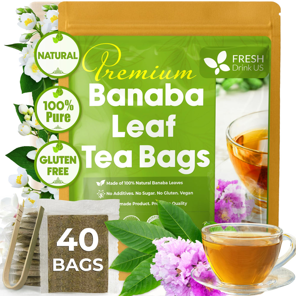 FreshDrinkUS banaba tea bags in a pack highlight natural leaves for caffeine-free tea.