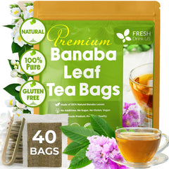 FreshDrinkUS banaba tea bags in a pack highlight natural leaves for caffeine-free tea.