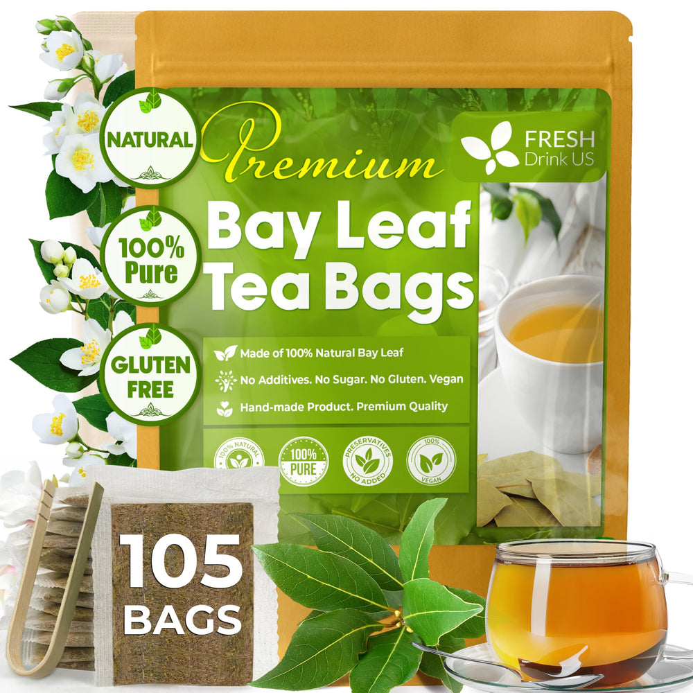 FreshDrinkUS bay leaf tea bags in packaging showcase natural, pesticide-free ingredients.