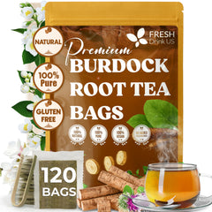 FreshDrinkUS Burdock Tea Bags packaging front for a natural herbal experience