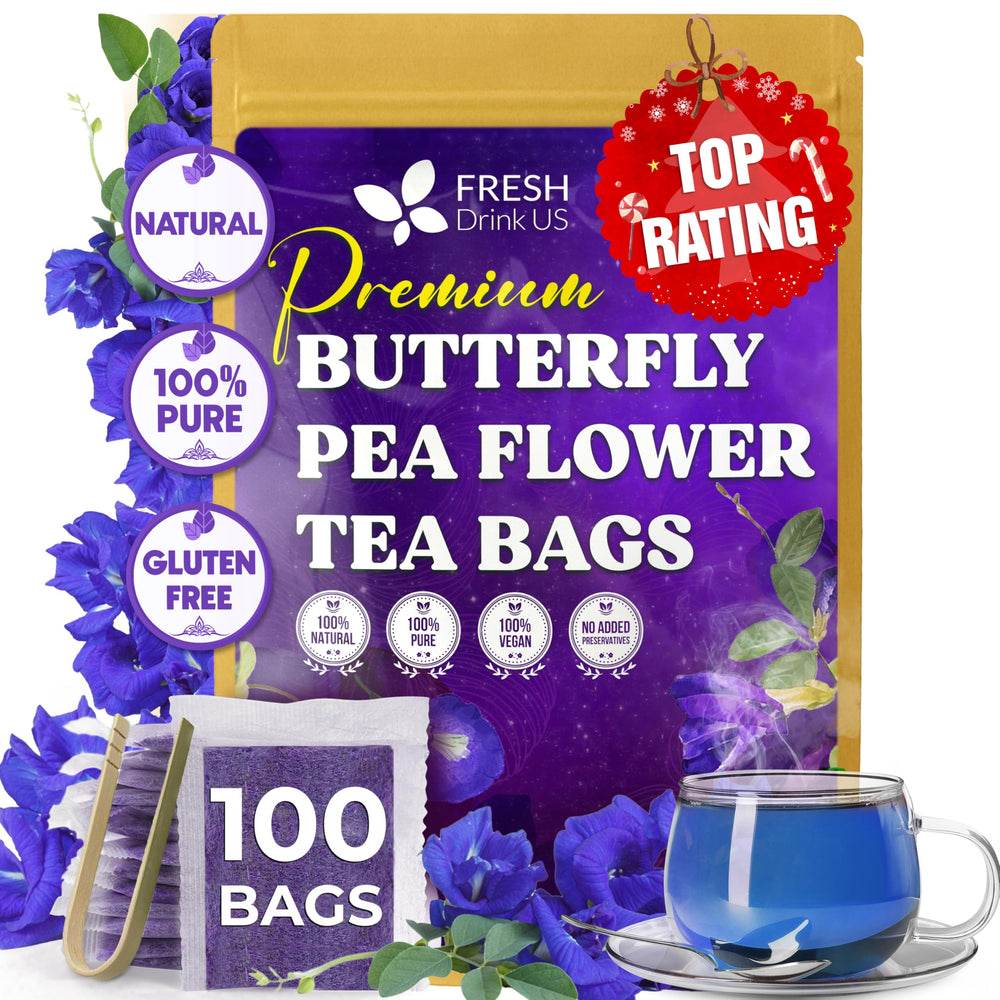 FreshDrinkUS butterfly pea tea bag close-up for a calm, caffeine-free moment.