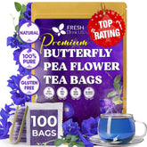 FreshDrinkUS butterfly pea tea bag close-up for a calm, caffeine-free moment.