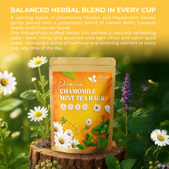 FreshDrinkUS chamomile mint tea bag closeup reveals fragrant botanicals and purity.
