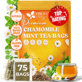 FreshDrinkUS chamomile mint tea bags packaging highlights premium quality and sustainable sourcing.