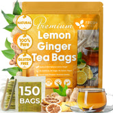 FreshDrinkUS Lemon Ginger tea bag closeup highlighting natural ingredients and caffeine-free enjoyment.