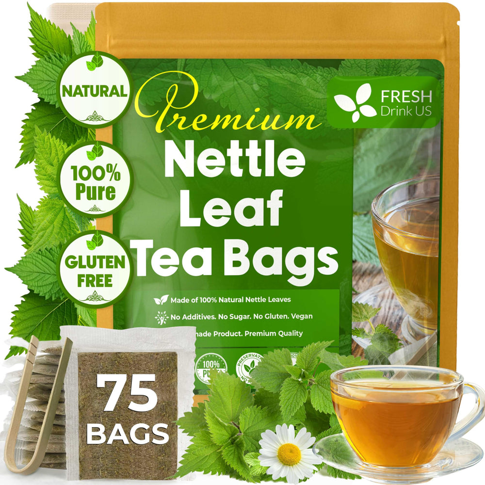 FreshDrinkUS nettle leaf tea bags packaging highlights eco-friendly packaging for natural tea lovers.