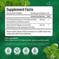 FreshDrinkUS oregano softgels bottle closeup showing easy-to-swallow capsules.