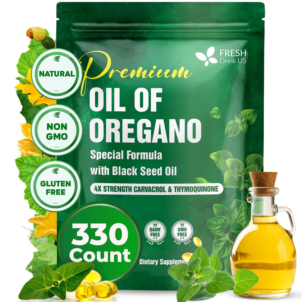 FreshDrinkUS oregano softgels bottle top view for convenient daily use.