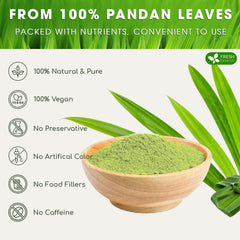 Jar and scoop of FRESHDRINKUS pandan leaf powder for precise measurements