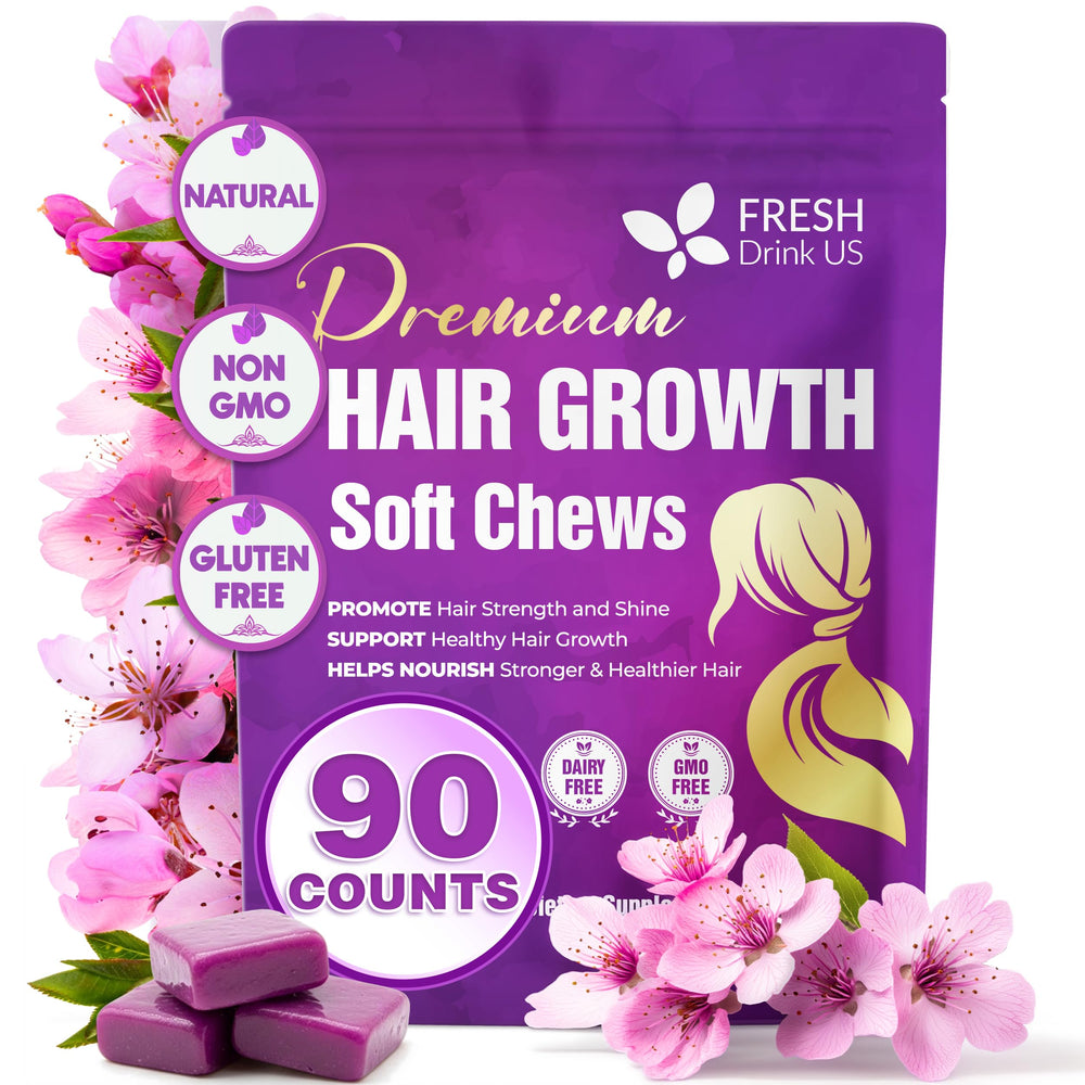 FreshDrinkUS premium hair growth soft chews in bottle, daily beauty support.