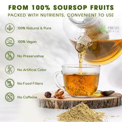 Soursop herbal tea cup suggesting a caffeine-free, relaxing beverage.
