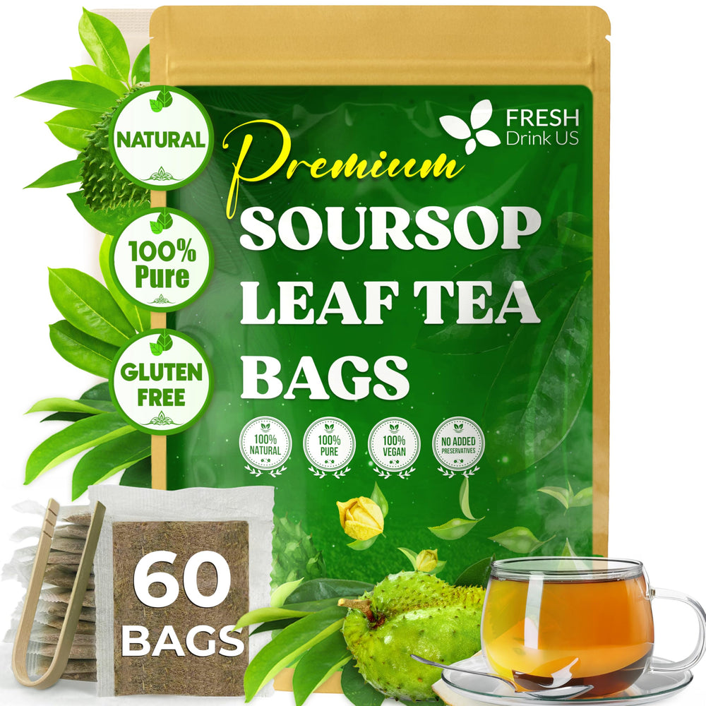 FreshDrinkUS soursop tea bags pack showing natural, pure ingredients for a caffeine-free brew