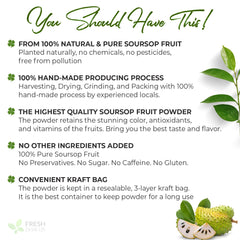 Packaging box highlights natural, additive-free formulation of the soursop powder.