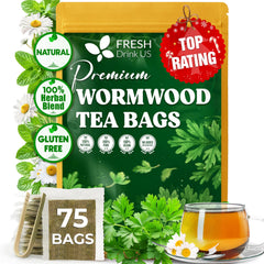 FreshDrinkUS wormwood tea bags in a tin for convenient daily ritual.