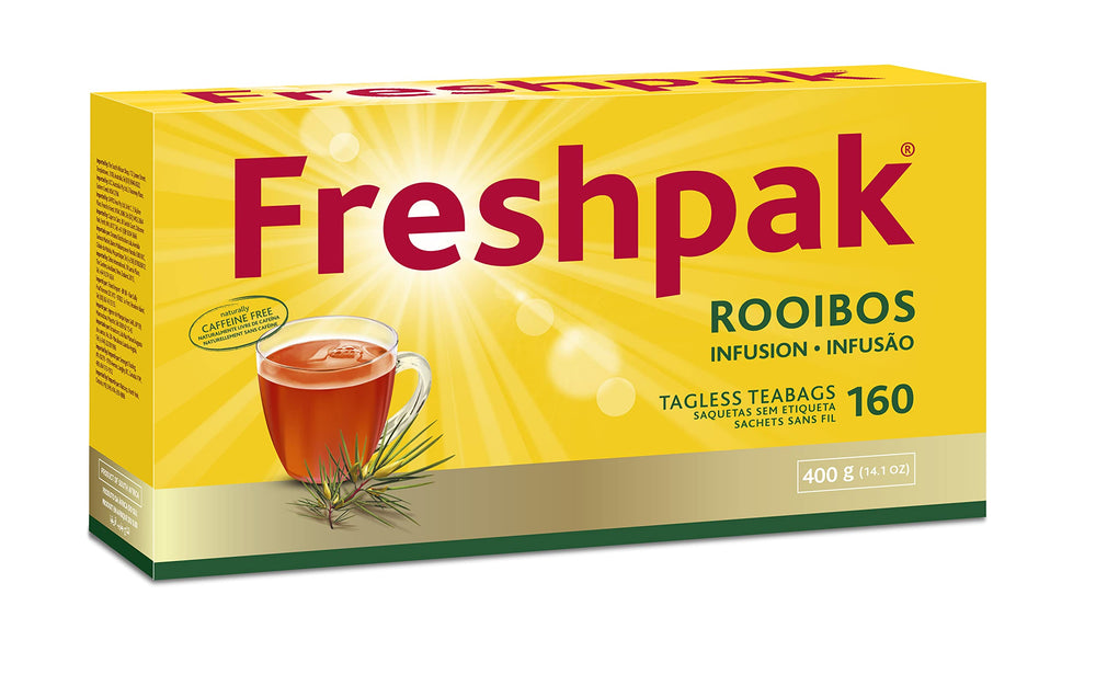Freshpak Pure Rooibos Tea new packaging showcases premium caffeine-free herbal option.